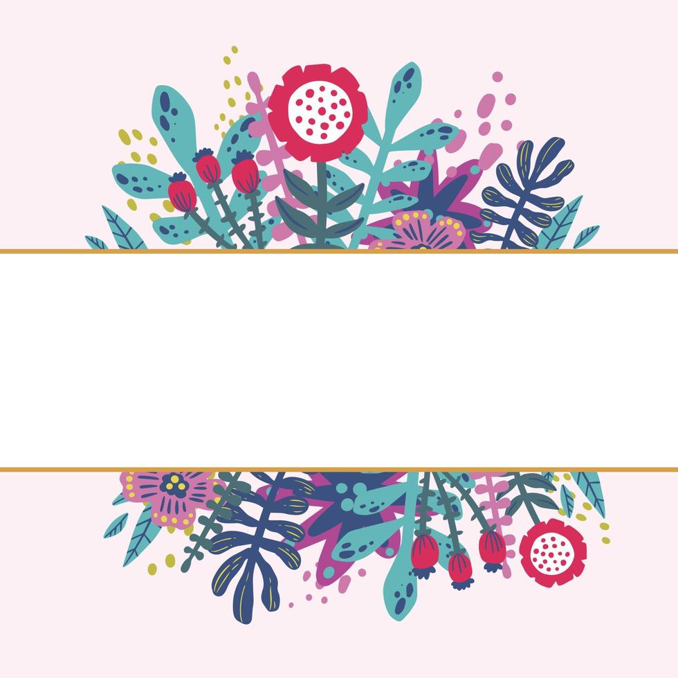 Decorative colorful botanical frame with pink backgroung, flowers and leaves with place for text vector