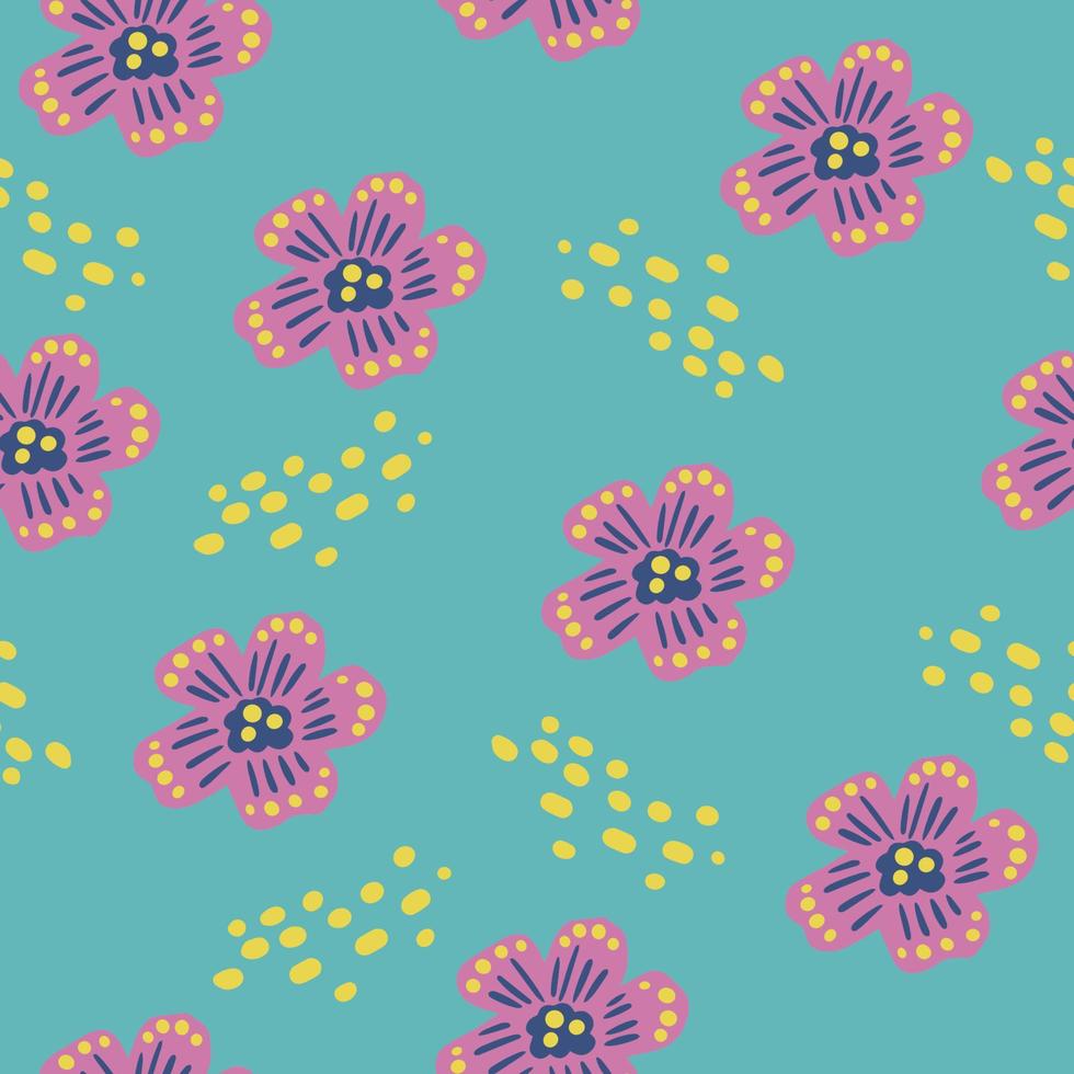 Organic flat design abstract floral pattern on turquoise background with pink flowers vector