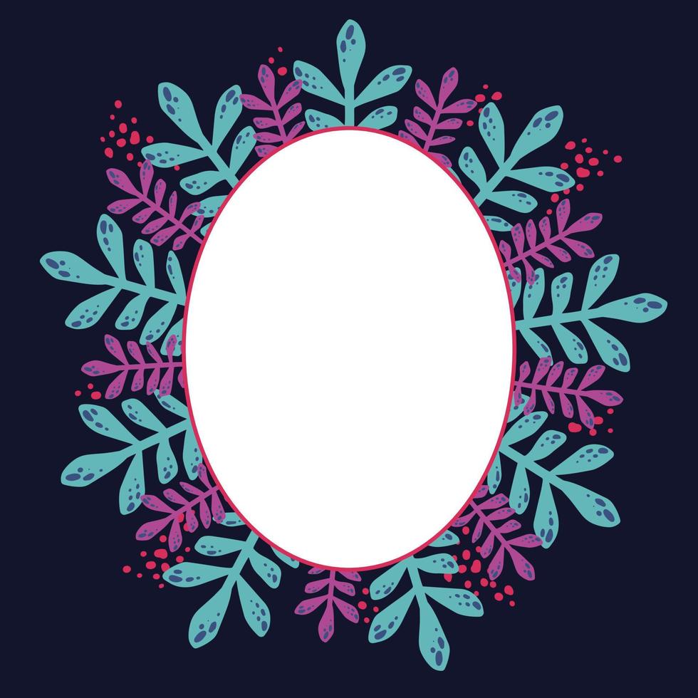 marco ovalado botánico colorido decorativo con vector de hojas púrpura y turquesa, plantilla para invitación, tarjeta