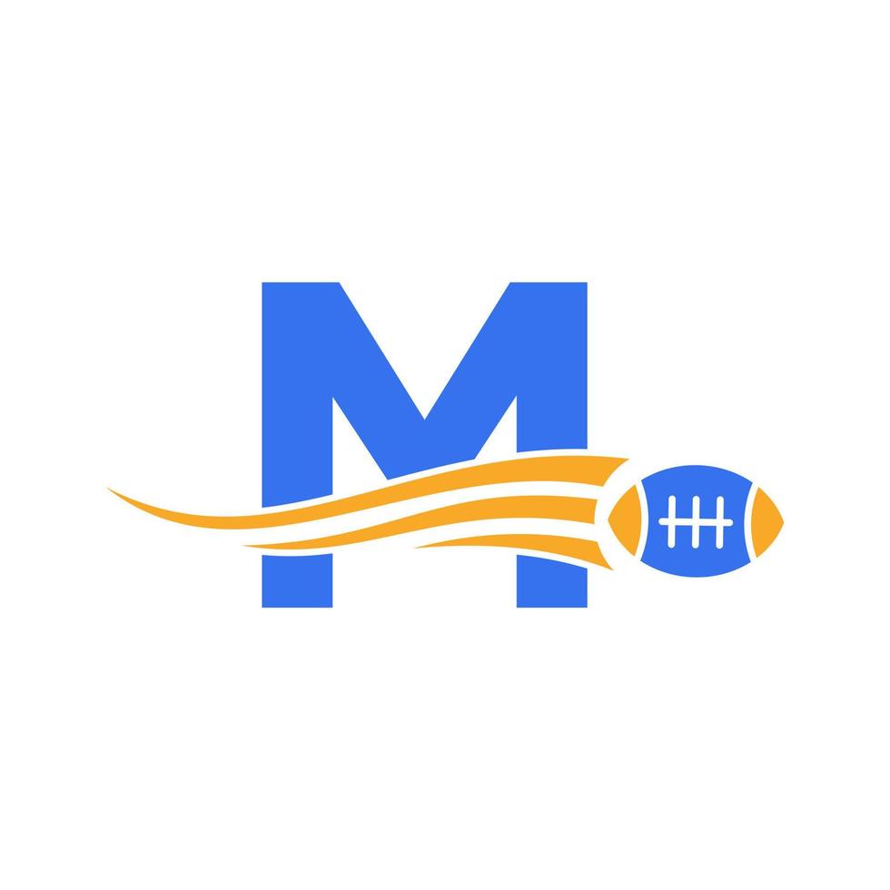 logotipo de rugby de la letra m, logotipo de fútbol americano combinado con icono de pelota de rugby para el símbolo vectorial del club de fútbol americano vector