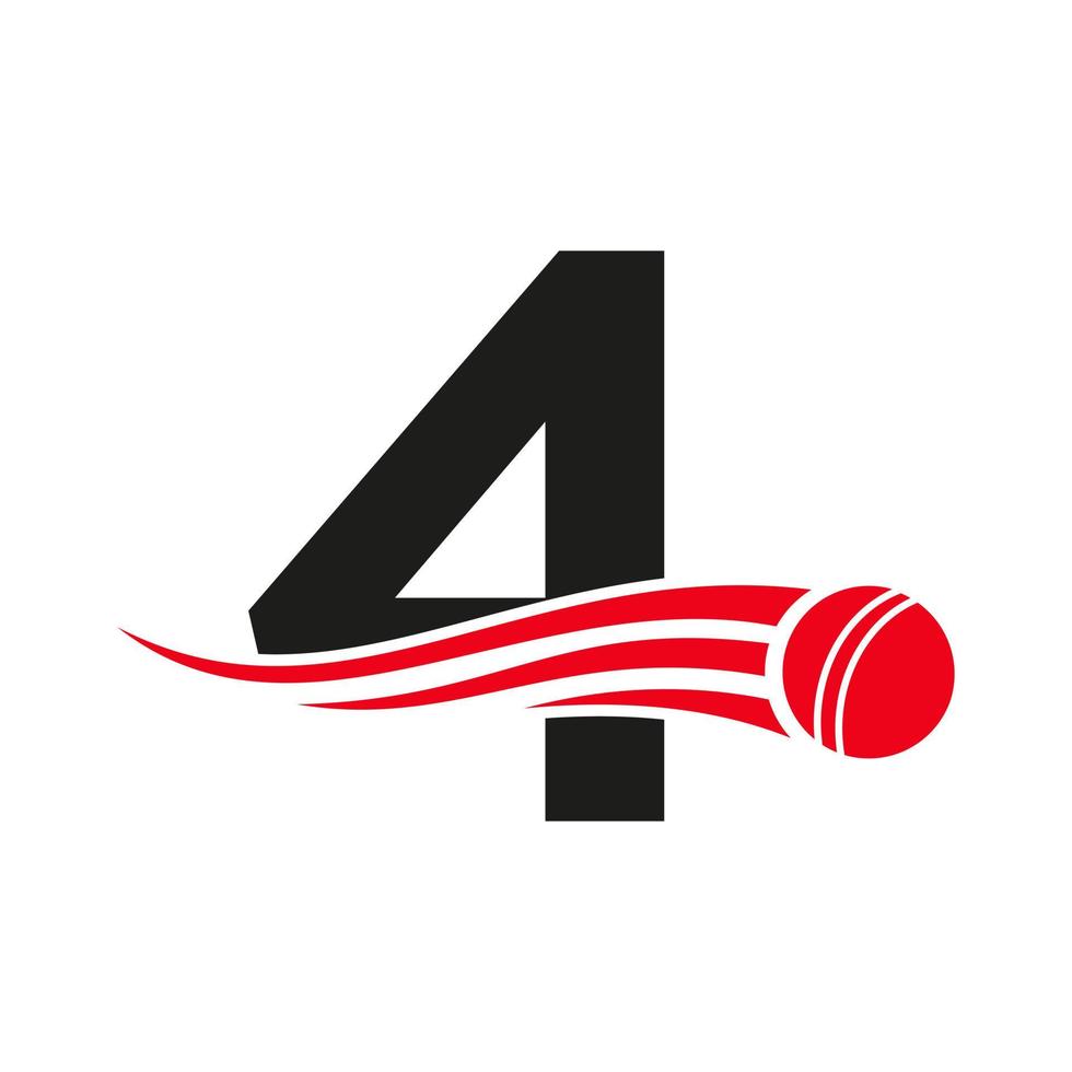 concepto de logotipo de cricket de letra 4 con icono de bola para plantilla de vector de símbolo de club de cricket. signo de jugador de críquet