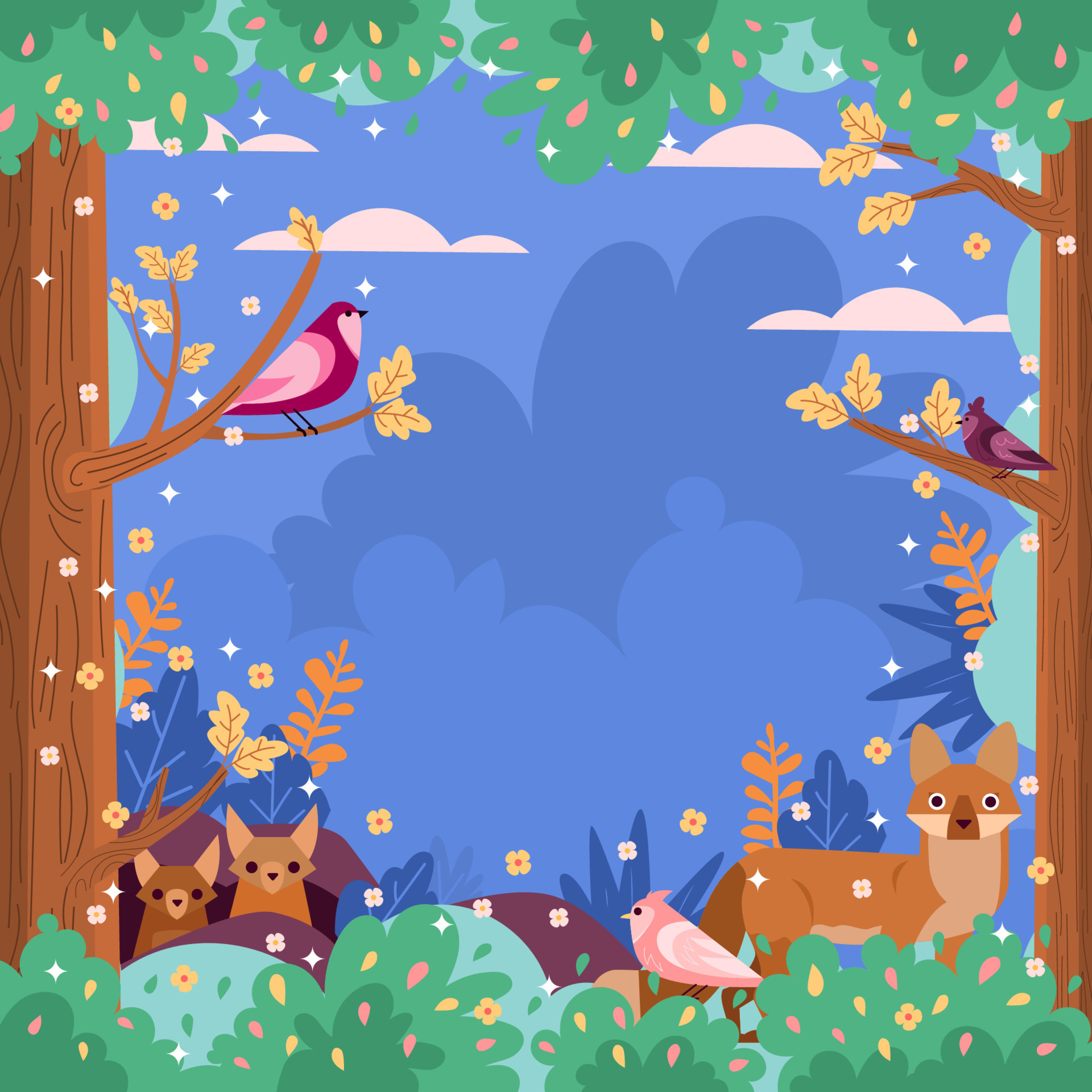 Nature Background with Birds and Foxes 17425270 Vector Art at Vecteezy