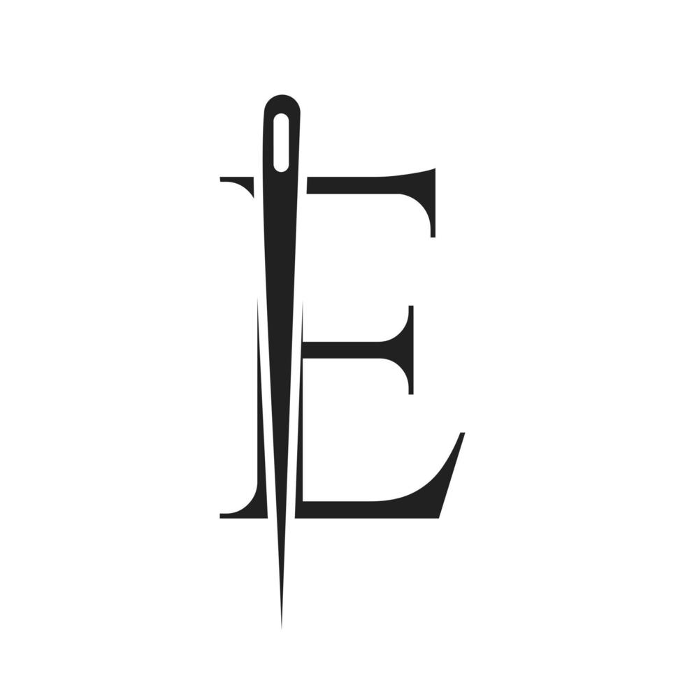 logotipo de sastre de letra e, combinación de aguja e hilo para bordado, textil, moda, tela, plantilla de tela vector