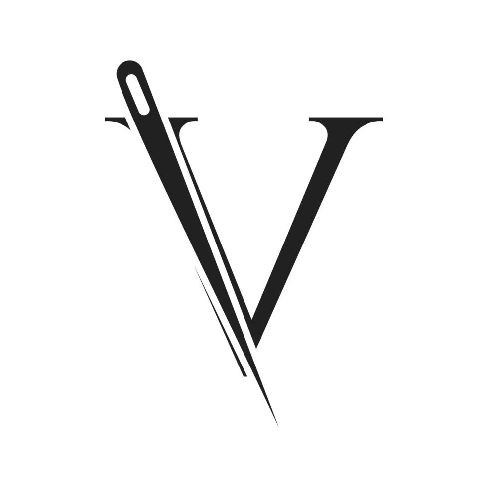 logotipo de sastre de letra v, combinación de aguja e hilo para bordado, textil, moda, tela, plantilla de tela vector