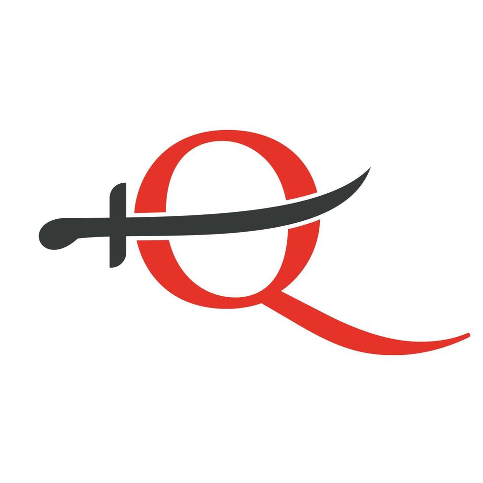 plantilla de vector de logotipo de espadas de letra q. icono de espadas para símbolo de protección y privacidad