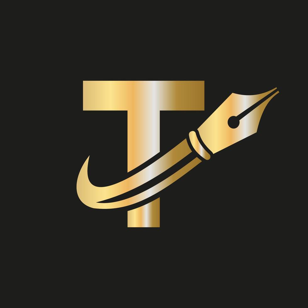 logotipo de educación en concepto de letra t con plantilla de vector de punta de pluma
