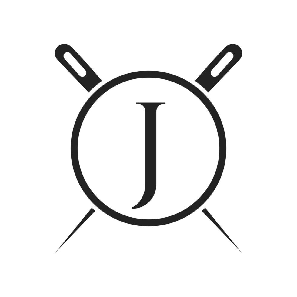 logotipo de sastre de letra j, combinación de aguja e hilo para bordado, textil, moda, tela, plantilla de tela vector