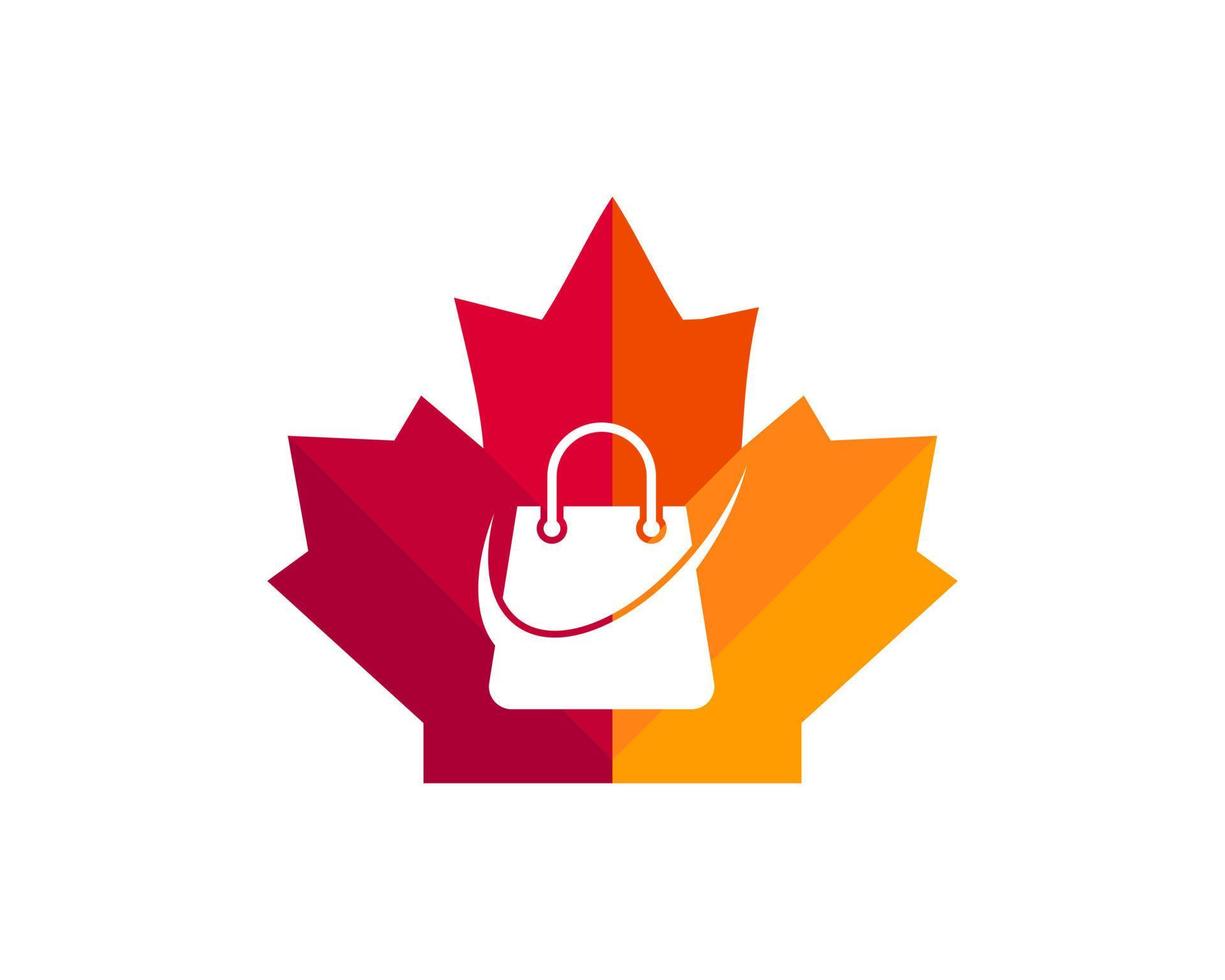 logotipo de compras canadiense. hoja de arce con vector de bolsa de compras