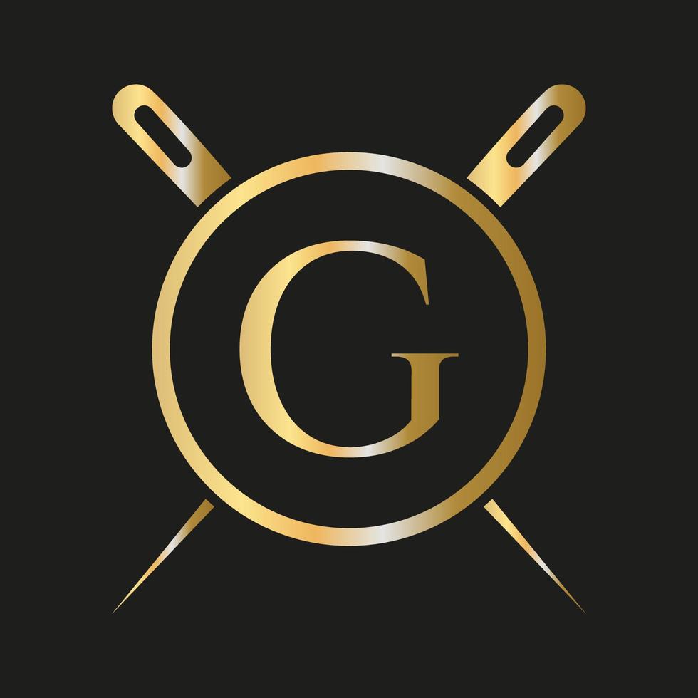 logotipo de sastre de letra g, combinación de aguja e hilo para bordado, textil, moda, tela, plantilla de tela vector
