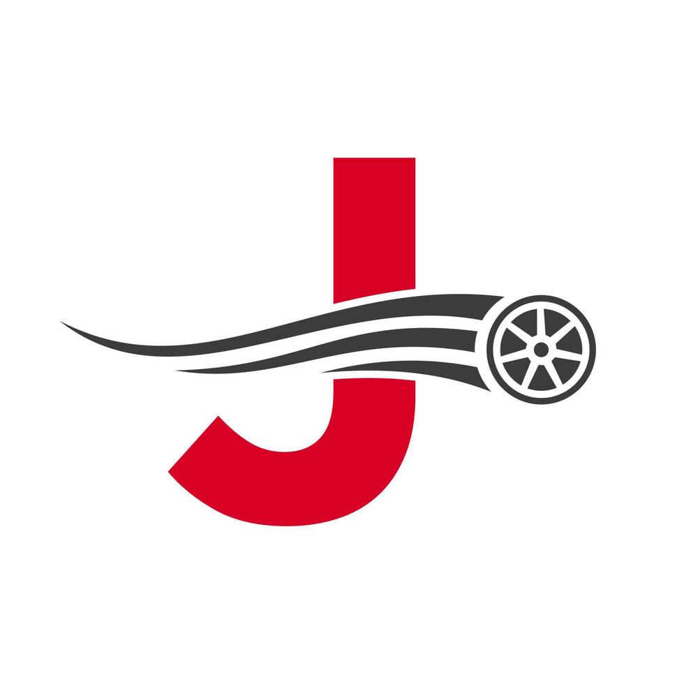 concepto de diseño de logotipo de reparación de automóviles de automóvil deportivo letra j con plantilla de vector de icono de neumático de transporte