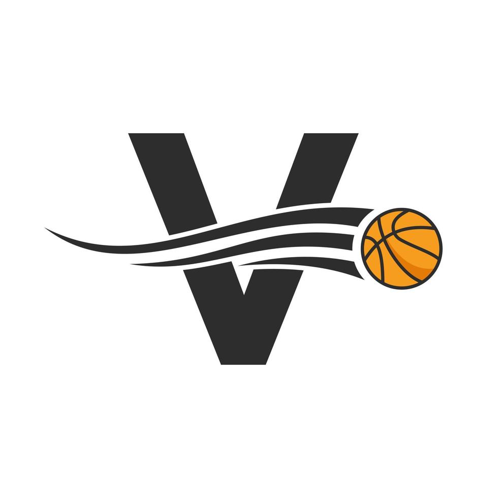 Diseño de logotipo de baloncesto con letra v para plantilla de vector de símbolo de club de baloncesto. elemento del logotipo de baloncesto