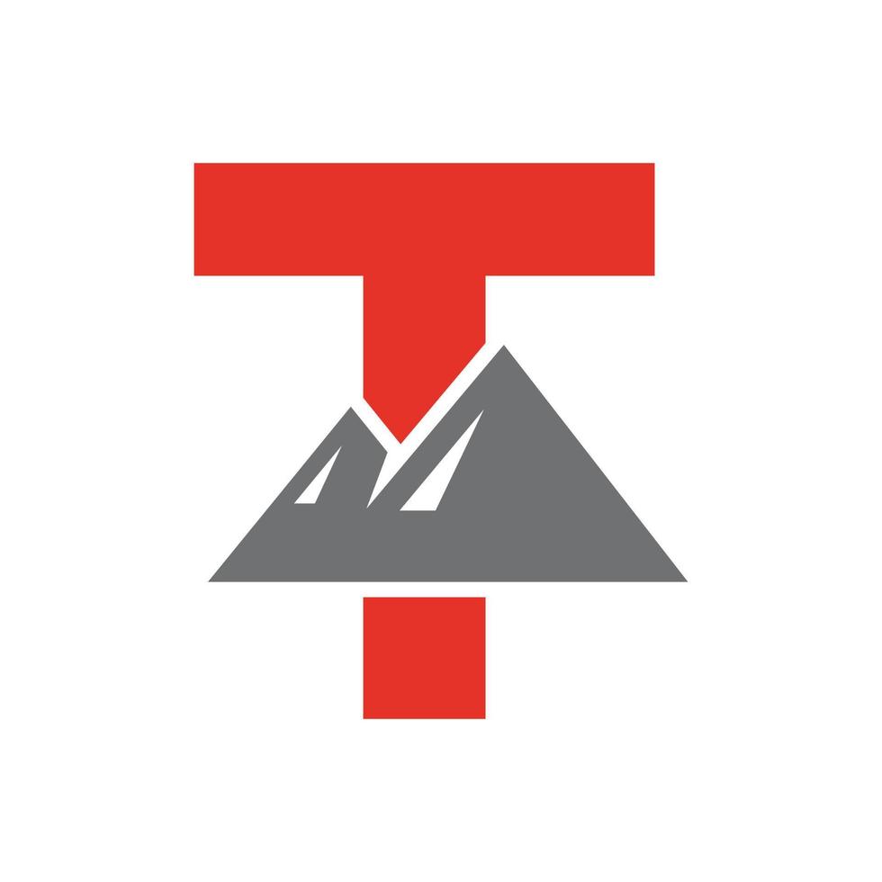 signo de vector de logotipo de montaje de letra t. el logotipo del paisaje de la naturaleza de la montaña se combina con el icono y la plantilla de la colina