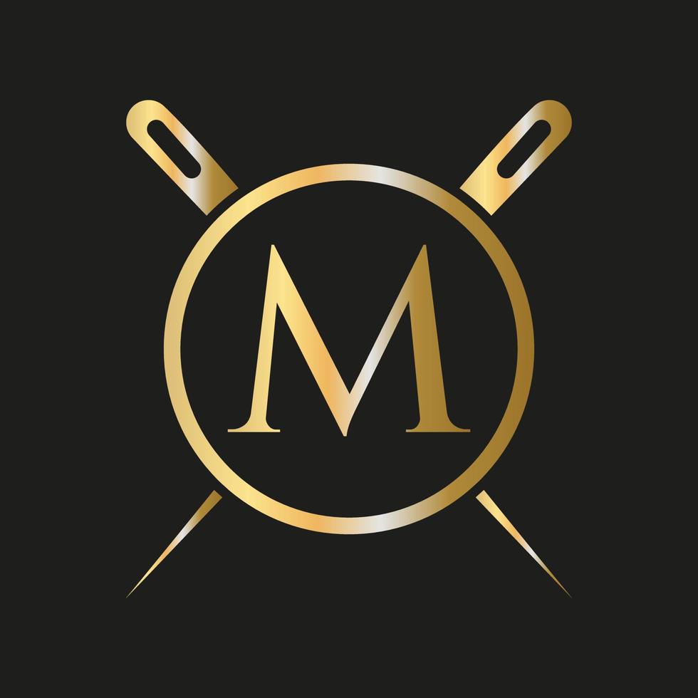 Letter M Tailor Logo, Needle and Thread Combination for Embroider, Textile, Fashion, Cloth, Fabric Template vector