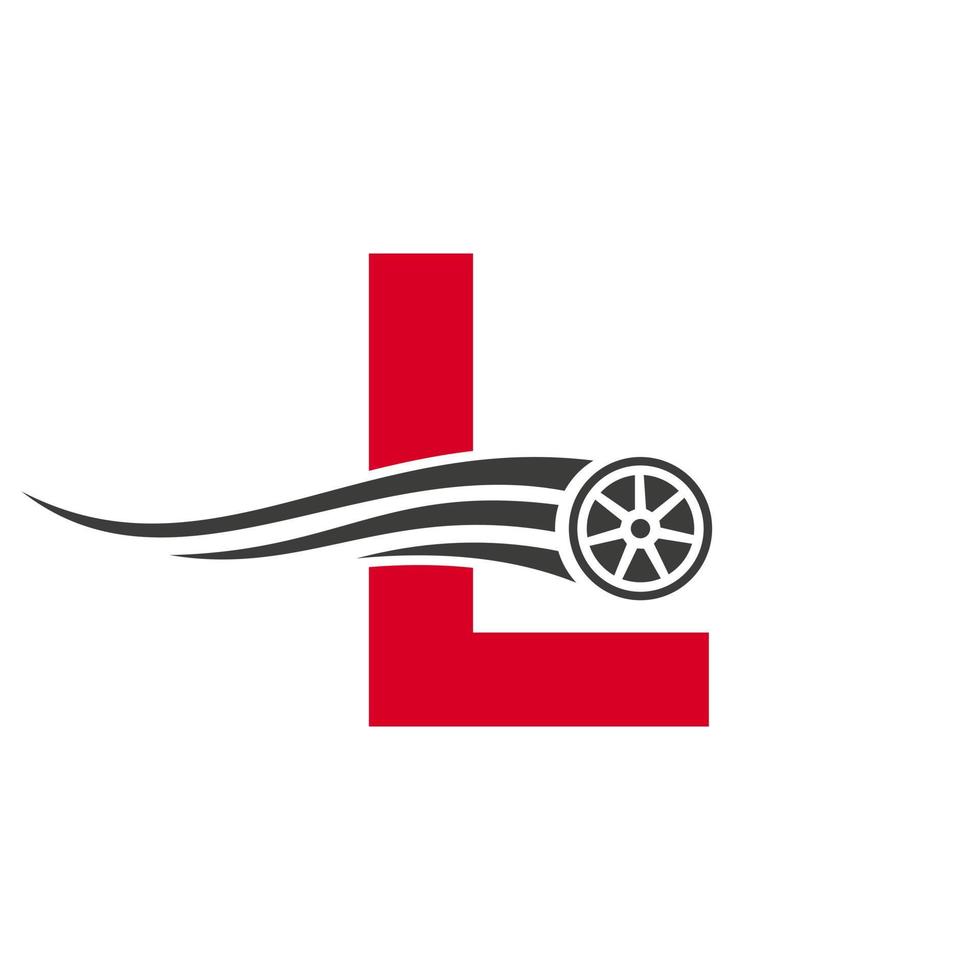 concepto de diseño de logotipo de reparación de automóviles de automóvil deportivo letra l con plantilla de vector de icono de neumático de transporte