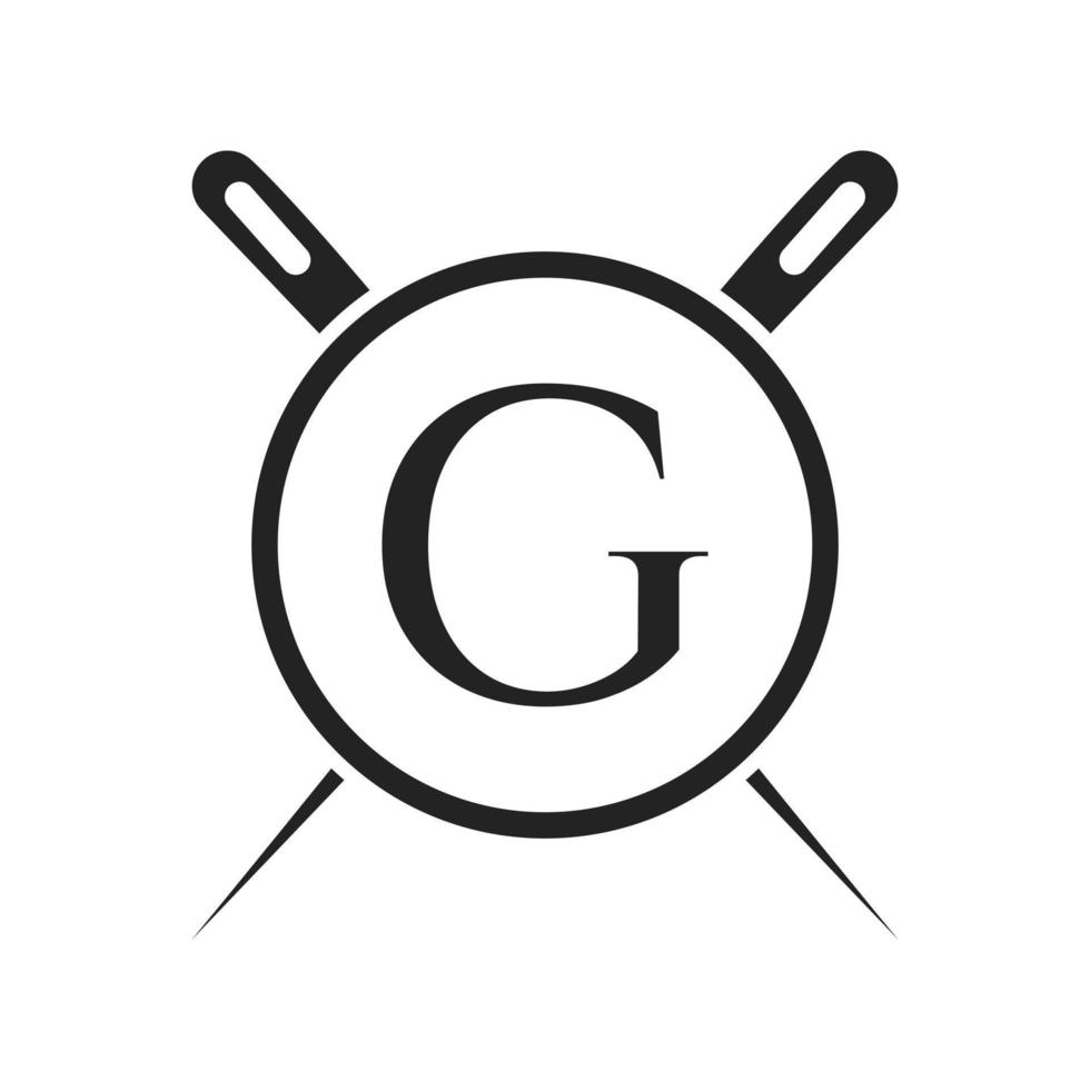 logotipo de sastre de letra g, combinación de aguja e hilo para bordado, textil, moda, tela, plantilla de tela vector
