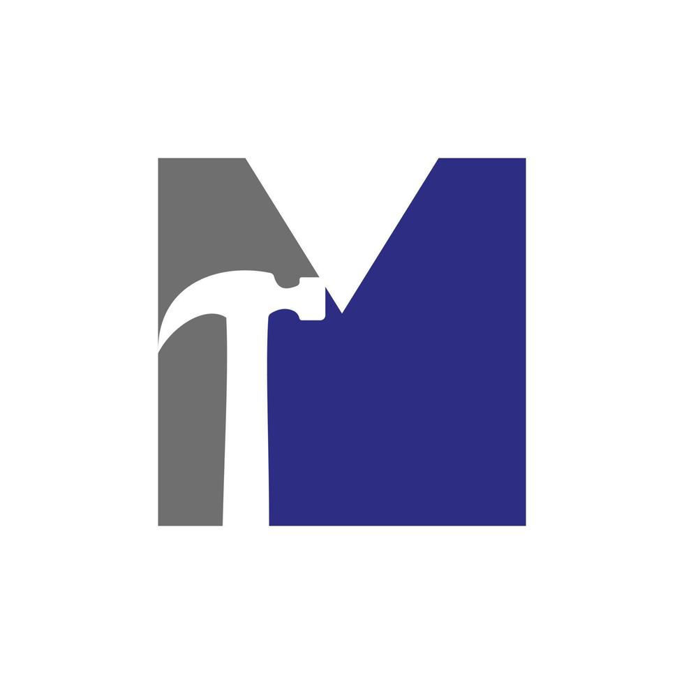 Letter M Hammer Logo Concept For Construction, Woodworking Company Repair Symbol Vector Template