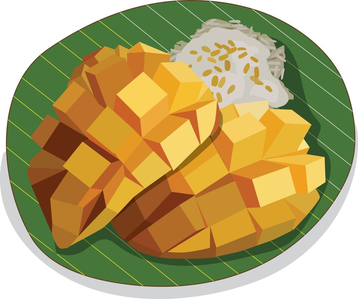 postre tailandés ilustración vectorial arroz pegajoso de mango colocado en una hoja de plátano en vector