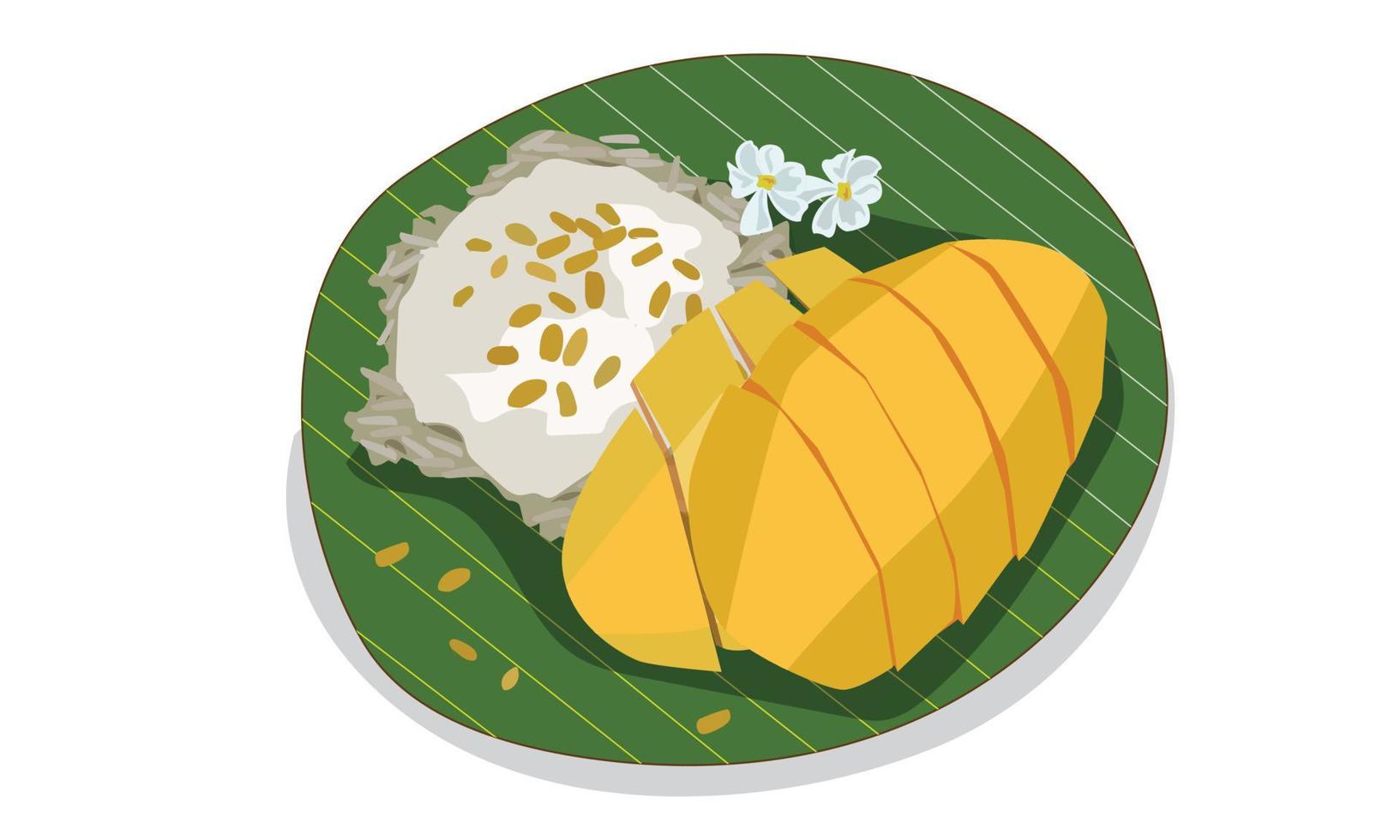 Thai dessert vector illustration Mango sticky rice placed on a banana leaf on