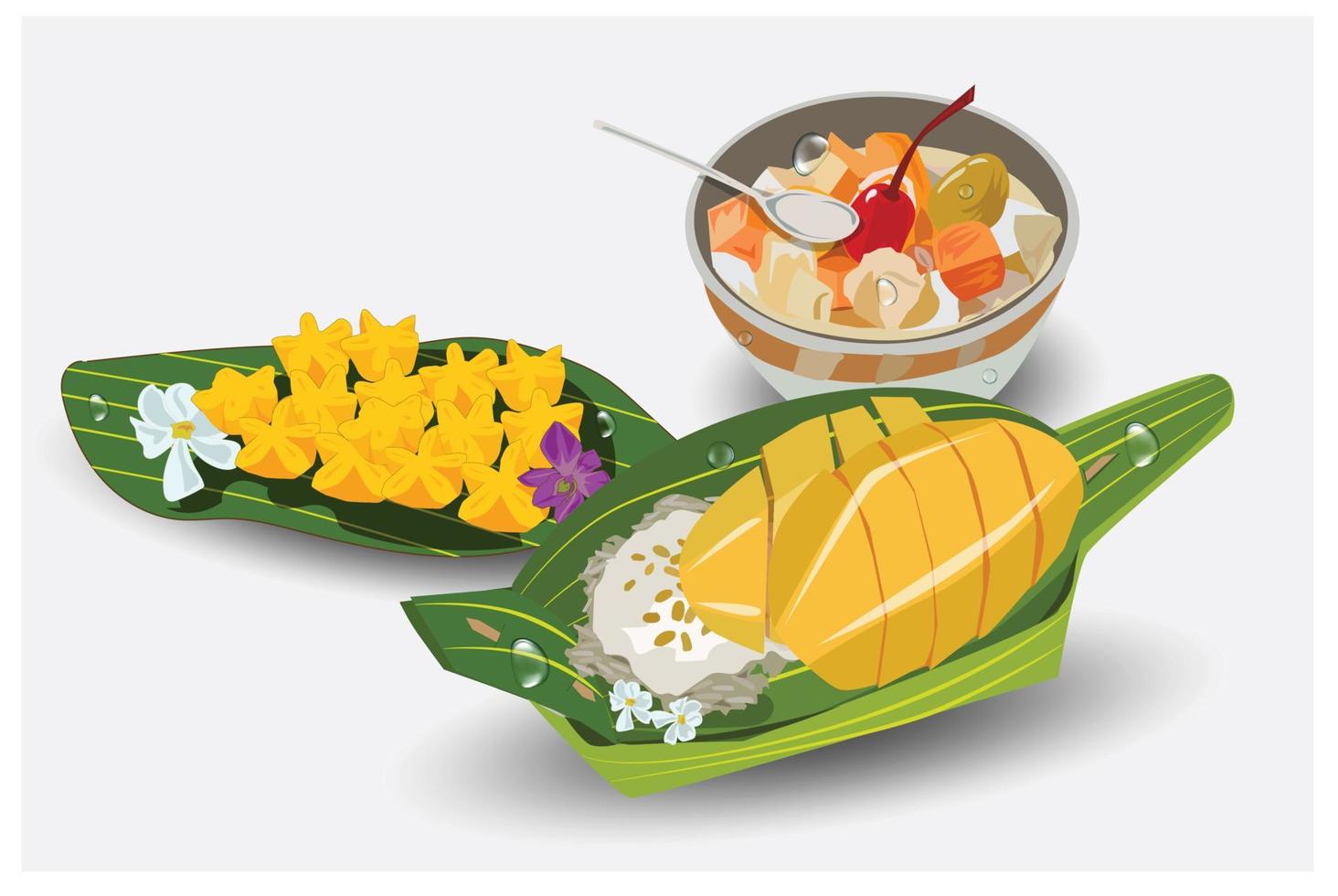 postre tailandés ilustración vectorial mango arroz pegajoso colocado en una hoja de plátano en vector