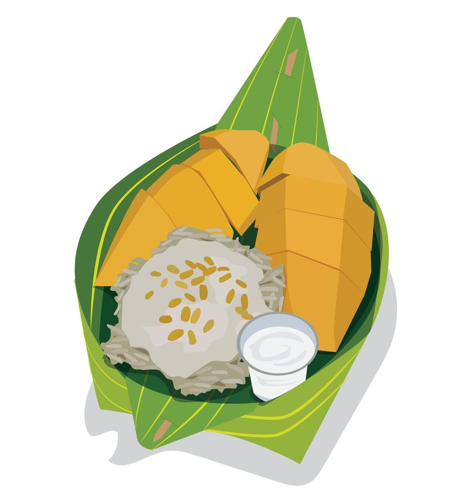 postre tailandés ilustración vectorial mango arroz pegajoso colocado en una hoja de plátano en vector