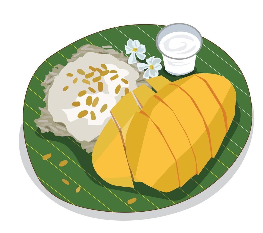Thai dessert vector illustration Mango sticky rice placed on a banana leaf on