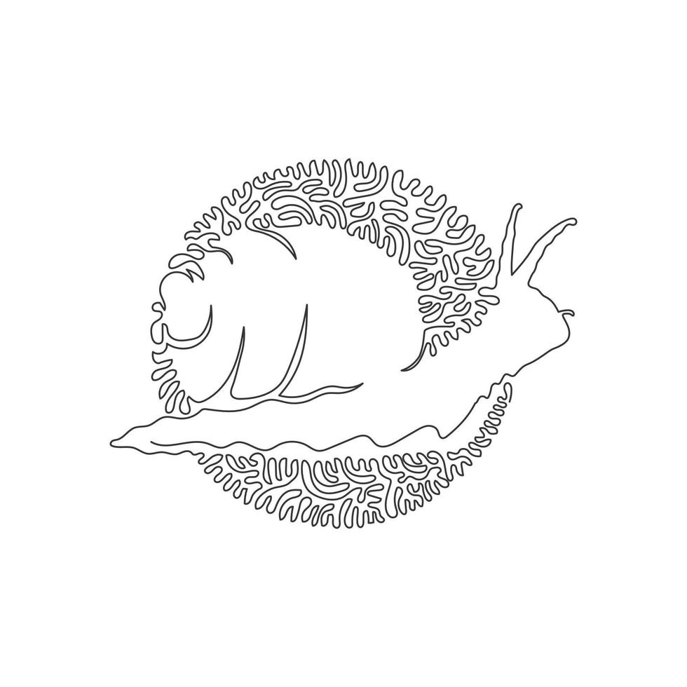Continuous curve one line drawing of cute snail abstract art in circle. Single line editable stroke vector illustration of hard shell on its back for logo, wall decor and poster print decoration