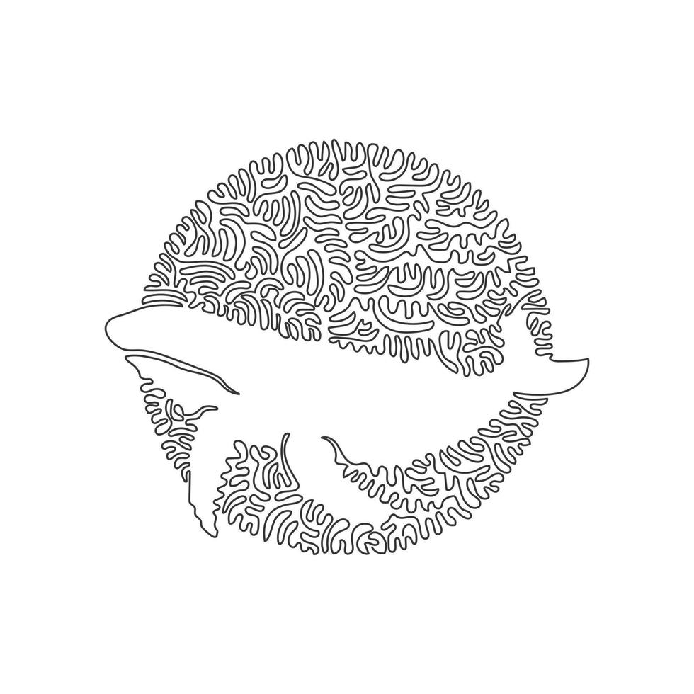 Continuous one curve line drawing of amazing whale abstract art in circle. Single line editable stroke vector illustration of torpedo-shaped marine mammal for logo, wall decor, poster print decoration