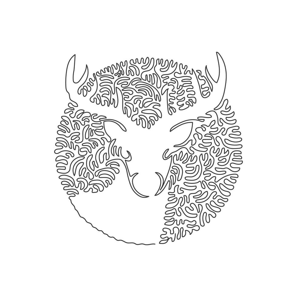 Continuous one curve line drawing of adorable deer, abstract art in circle. Single line editable stroke vector illustration of impressive antlers for logo, wall decor and poster print decoration