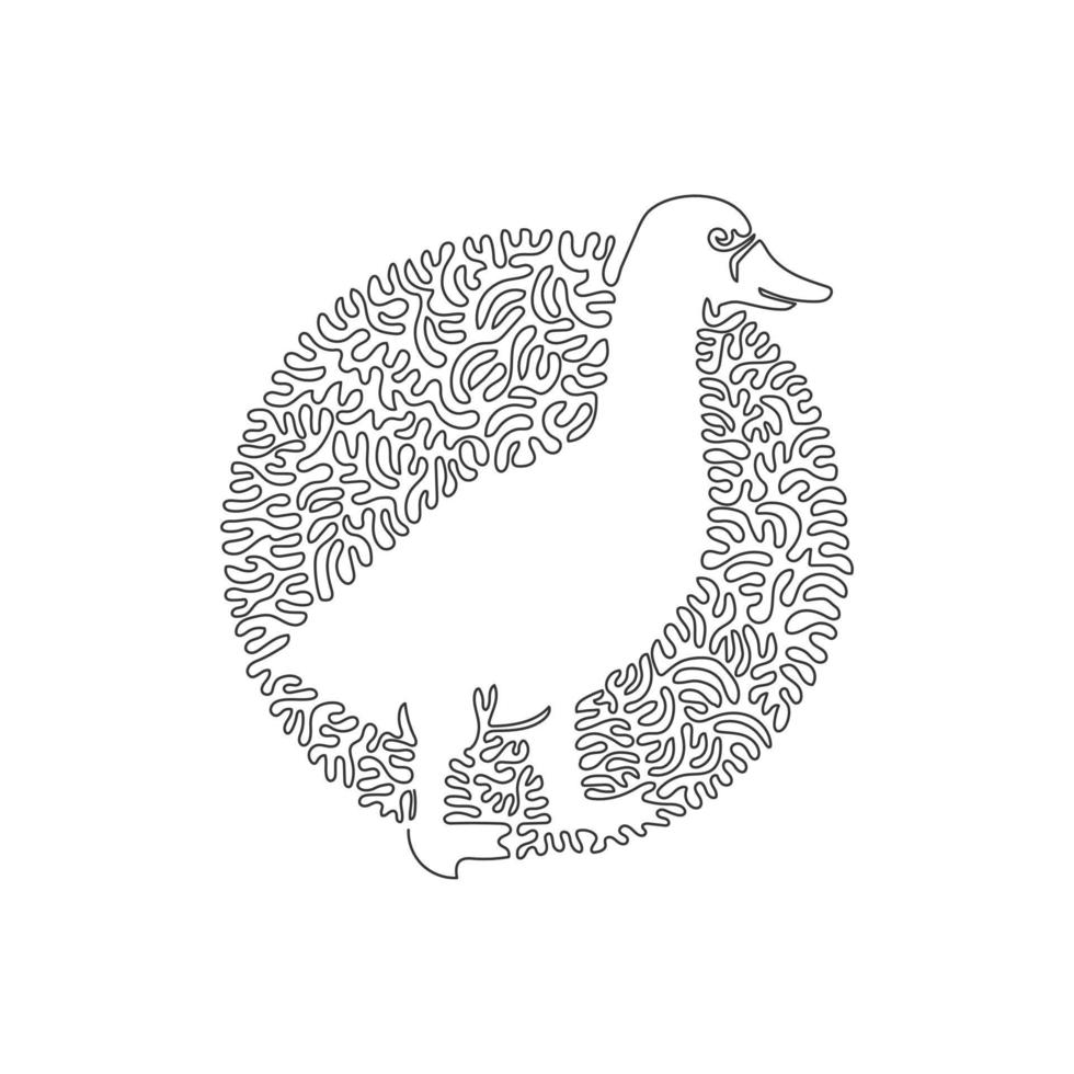 Single one curly line drawing of ducks are aquatic birds. Continuous line draw graphic design vector illustration of adorable duck for icon, symbol, company logo, print wall decor.