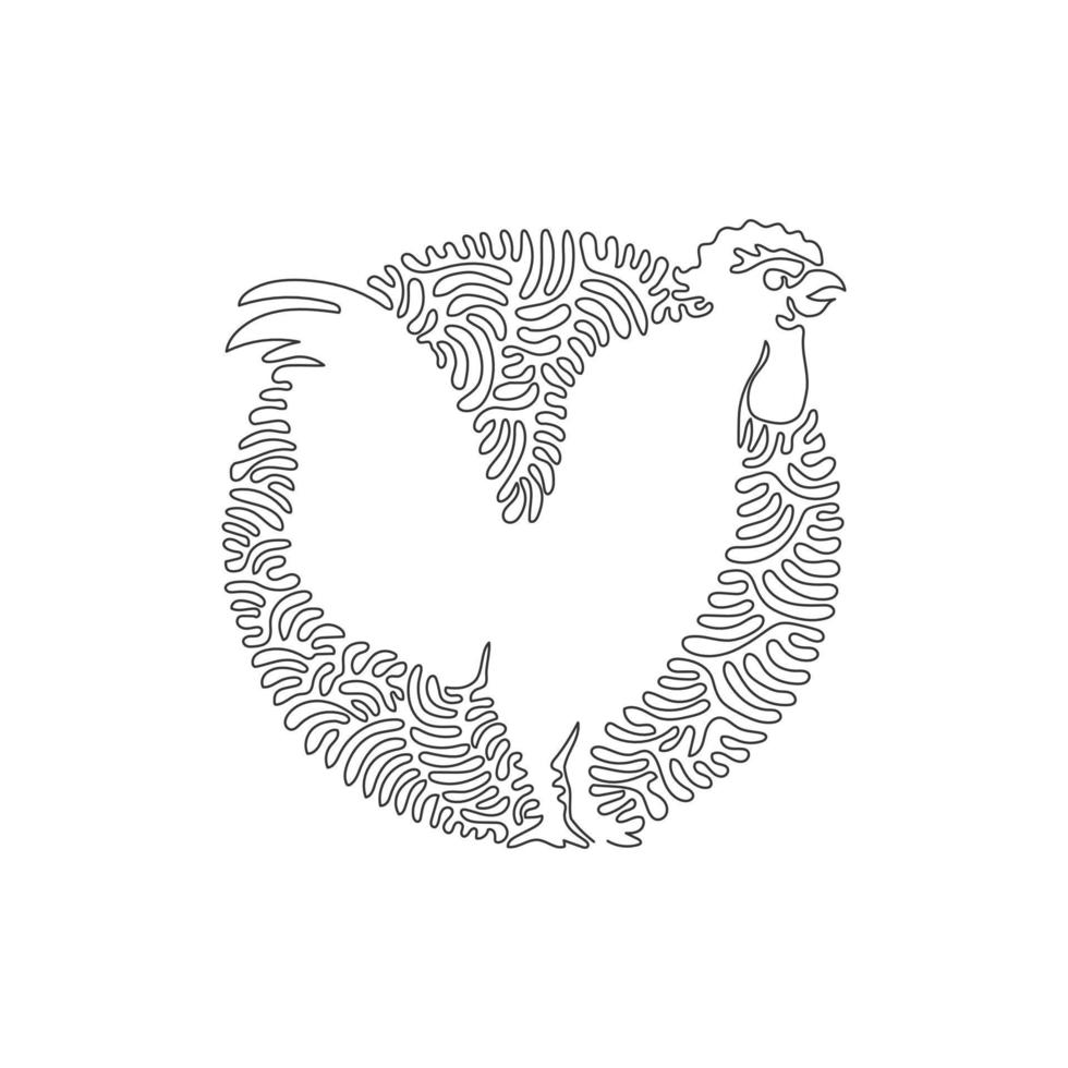 Continuous curve one line drawing. Cute standing rooster. Abstract art in circle. Single line editable stroke vector illustration of friendly pet rooster for logo, wall decor, boho poster print