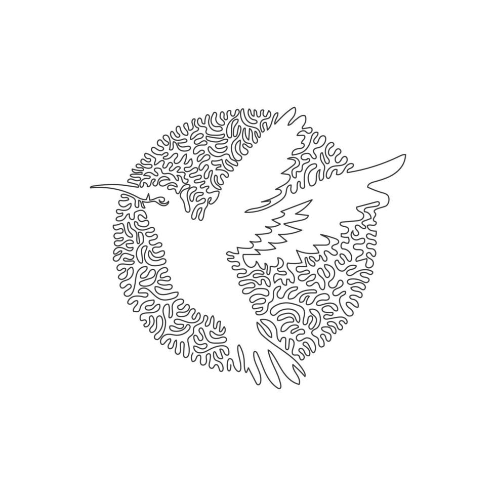 Single curly one line drawing. Hummingbird with a long, slender bill.  Continuous line draw graphic design vector illustration of beautiful hummingbird for icon, symbol, company logo, wall decor