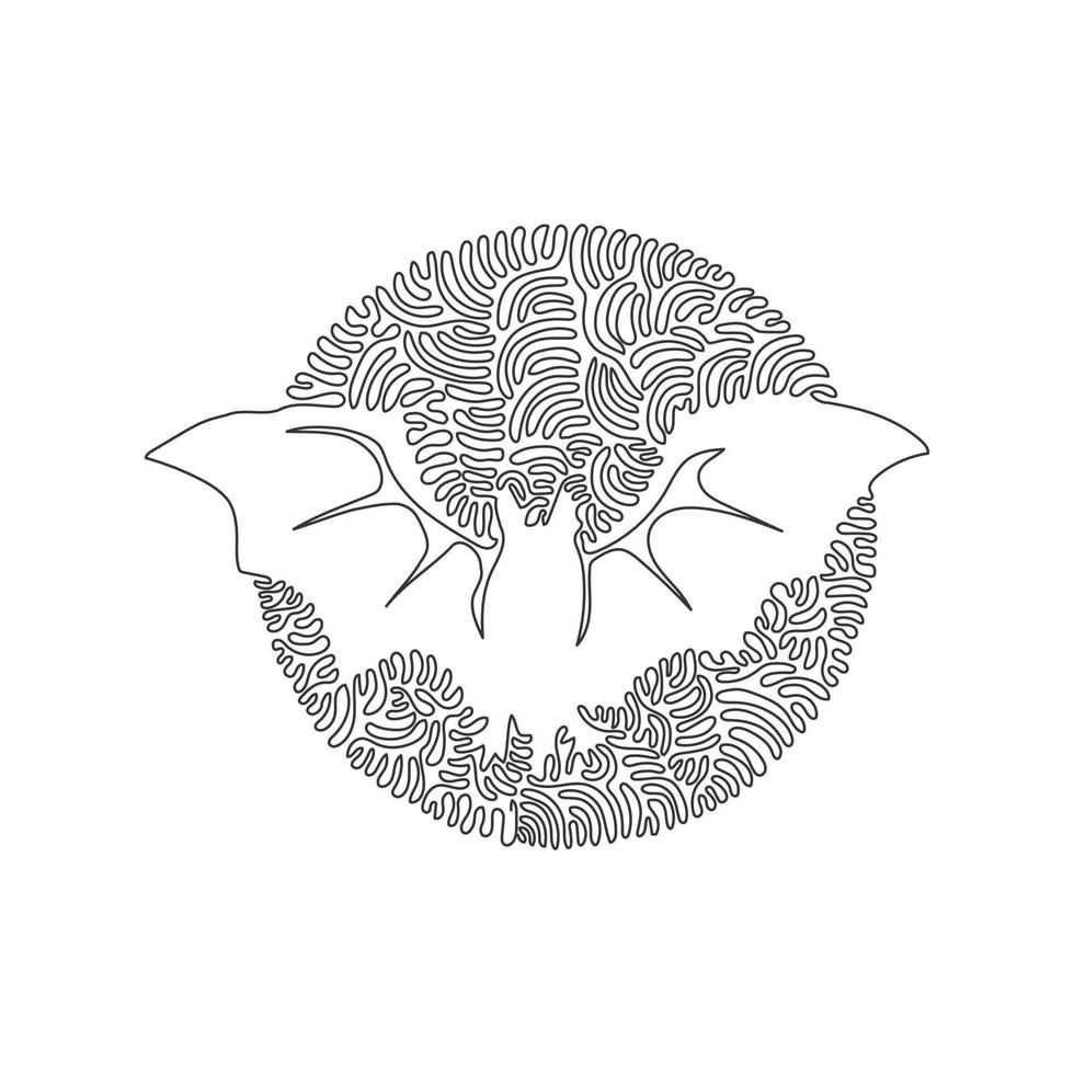 Continuous one curve line drawing of scary bats. Abstract art in circle. Single line editable stroke vector illustration of bats have wide wings for logo, wall decor and poster print decoration