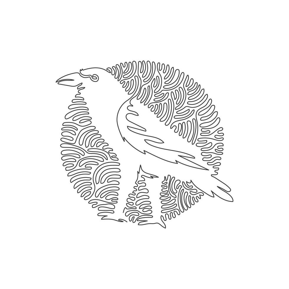 Single one curly line drawing of cute raven abstract art. Continuous line draw graphic design vector illustration of exotic raven for icon, symbol, company logo, pet lover club, boho poster