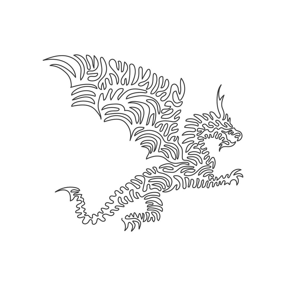 dibujo de una sola línea rizada del arte abstracto del dragón volador aterrador. dibujo de línea continua diseño gráfico ilustración vectorial de grandes reptiles poseen alas para icono, símbolo, logotipo de empresa, decoración de pared vector