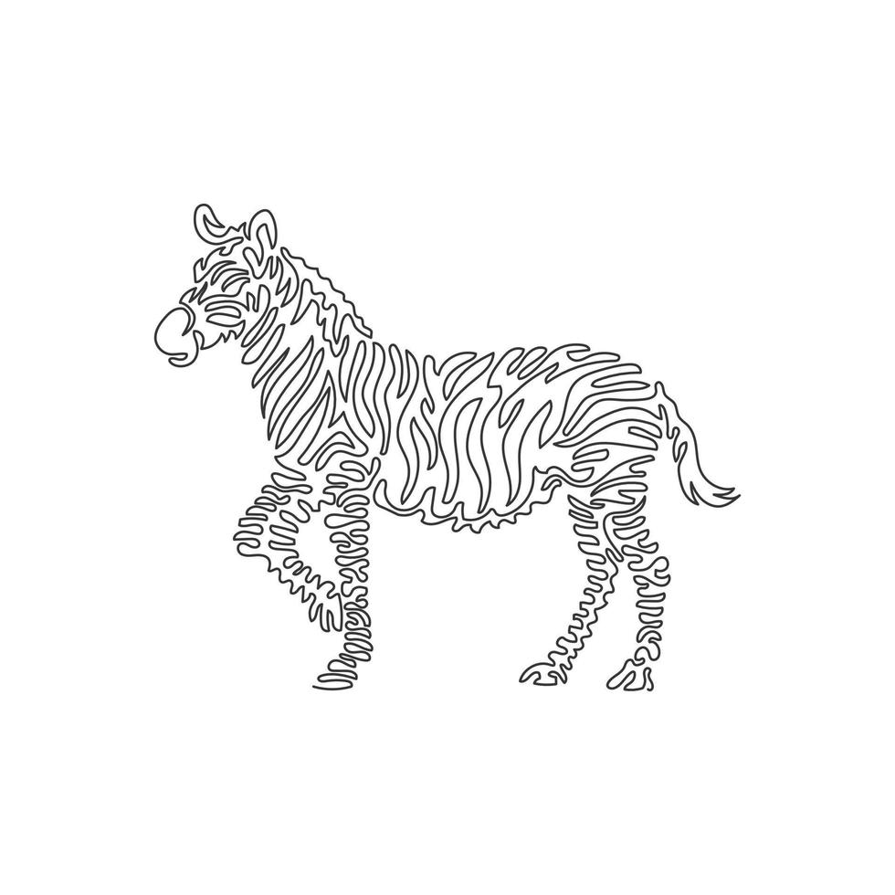 Continuous curve one line drawing of cute zebra curve abstract art. Single line editable stroke vector illustration of black-white striped mammals for logo, wall decor and poster print decoration