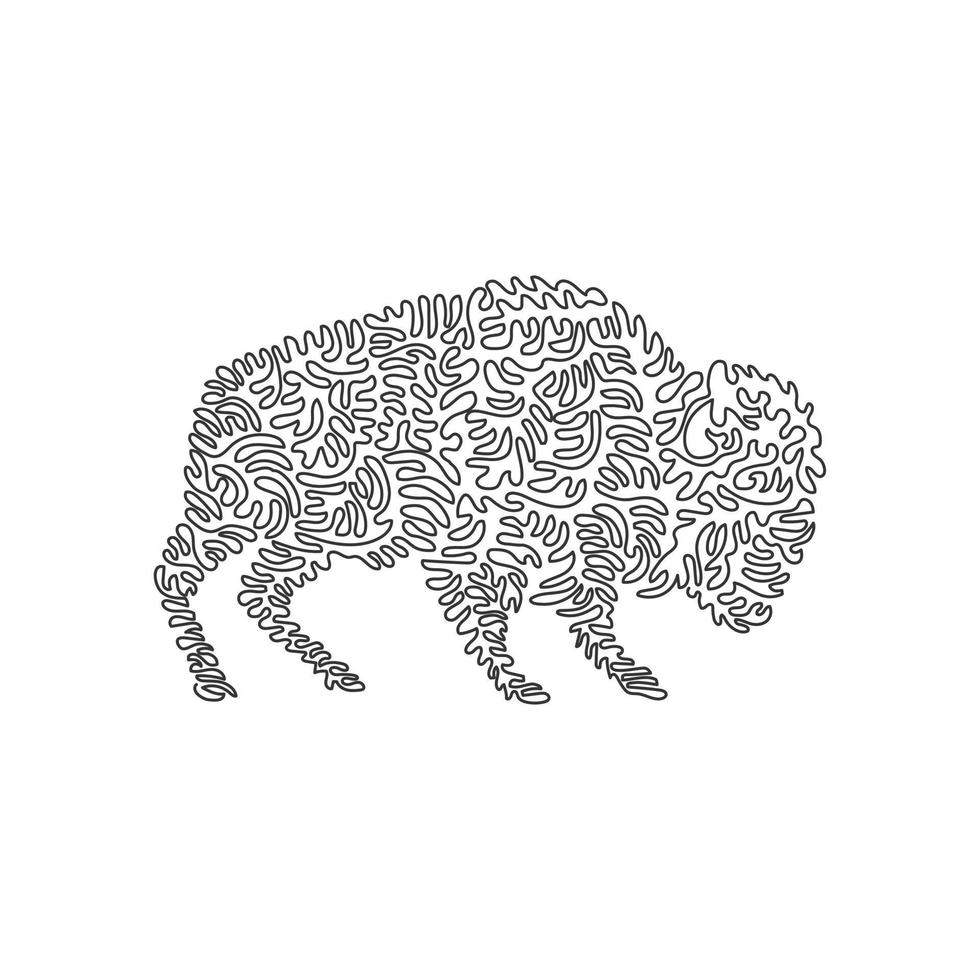 Single one curly line drawing of scary bison abstract art. Continuous line draw graphic design vector illustration of bison huge and muscular for icon, symbol, company logo, poster print decoration