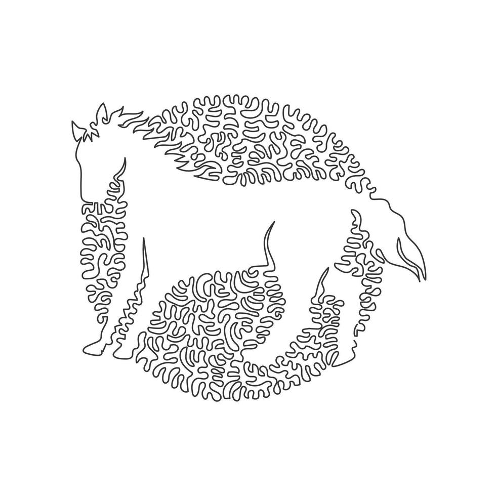 Single one curly line drawing of cute horse abstract art. Continuous line draw graphic design vector illustration of powerful horse for icon, symbol, sign, company logo, and pet lover club