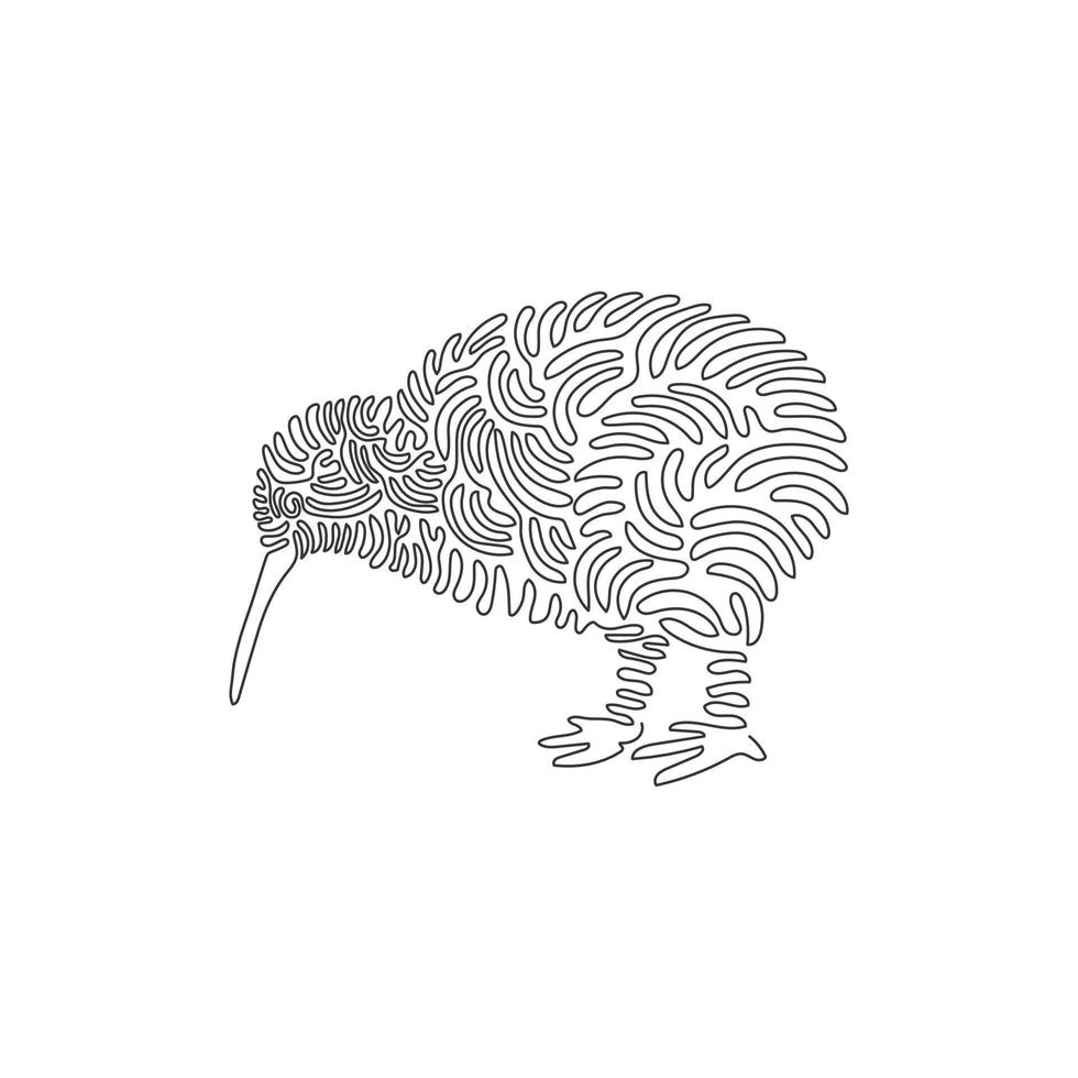 Single swirl continuous line drawing of kiwi's beak is long and flexible. Continuous line draw graphic design vector illustration style of kiwis,  flightless birds for icon, sign, boho decor