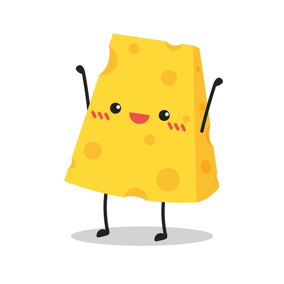 Cute happy cheese character. Funny food emoticon in flat style. Dairy emoji vector illustration.