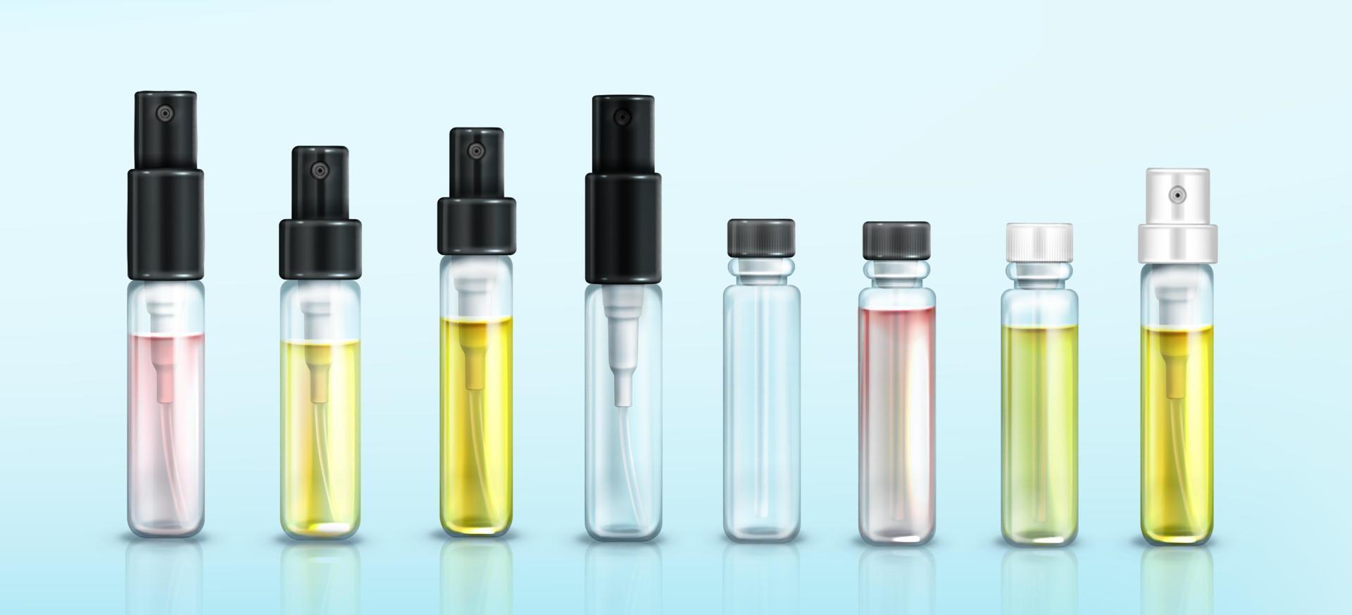 Perfume sample bottles small vials, mockup set vector