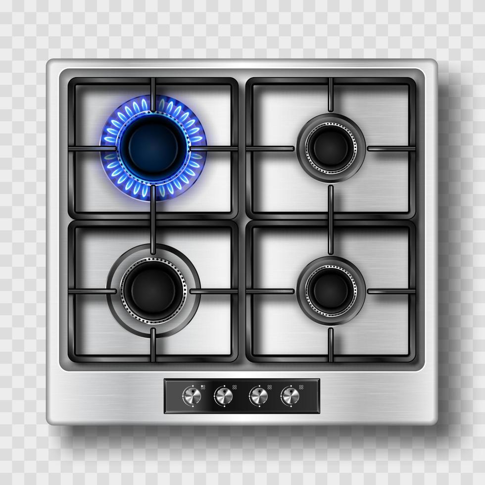 Gas stove top view with blue flame and steel grate vector