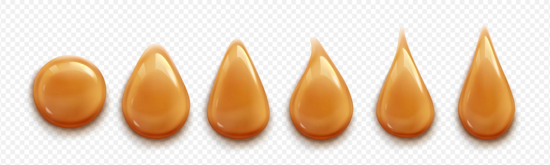 Caramel drops, toffee, sugar caramelization drips vector