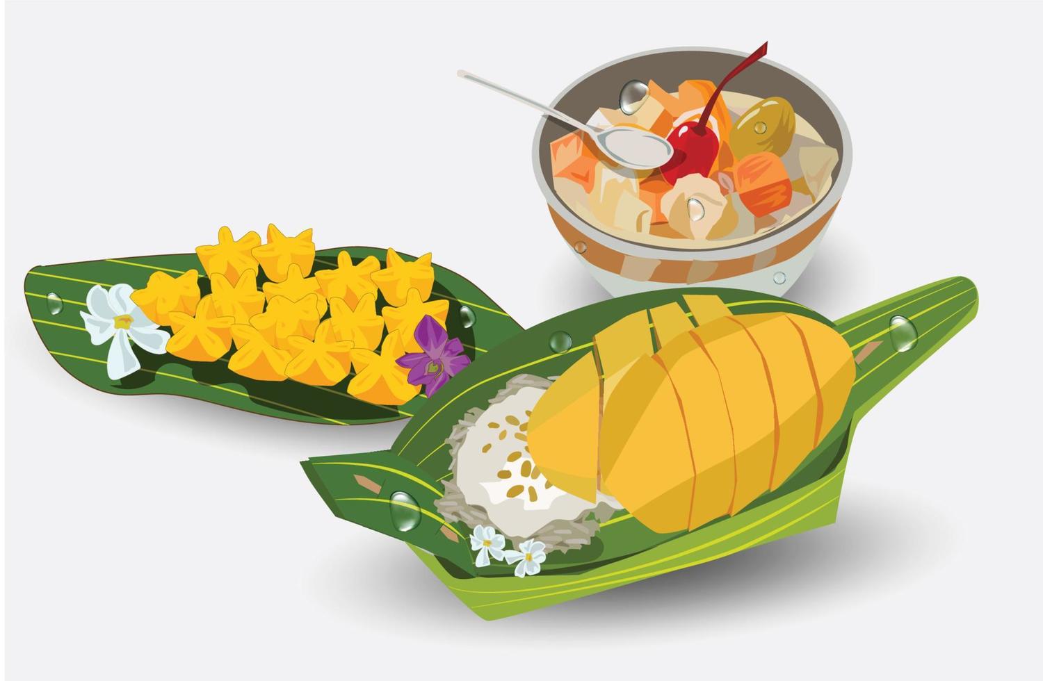 Thai dessert vector illustration Mango sticky rice placed on a banana leaf on