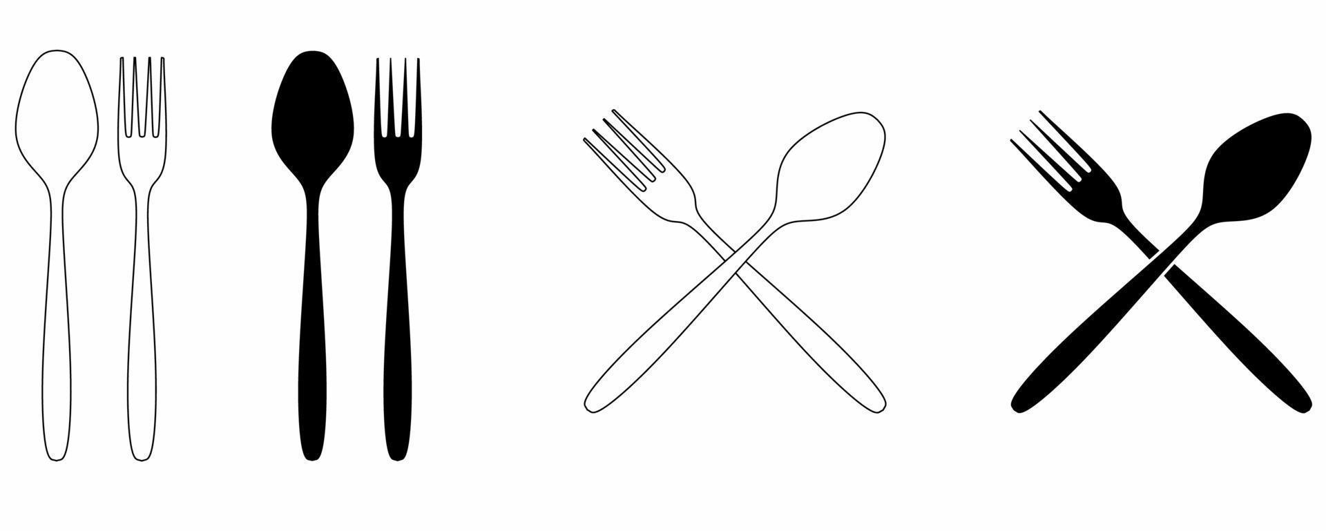 outline silhouette cross spoon fork icon set isolated on white background vector