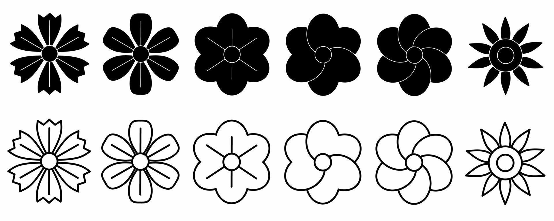 outline silhouette flower icon set isolated on white background vector