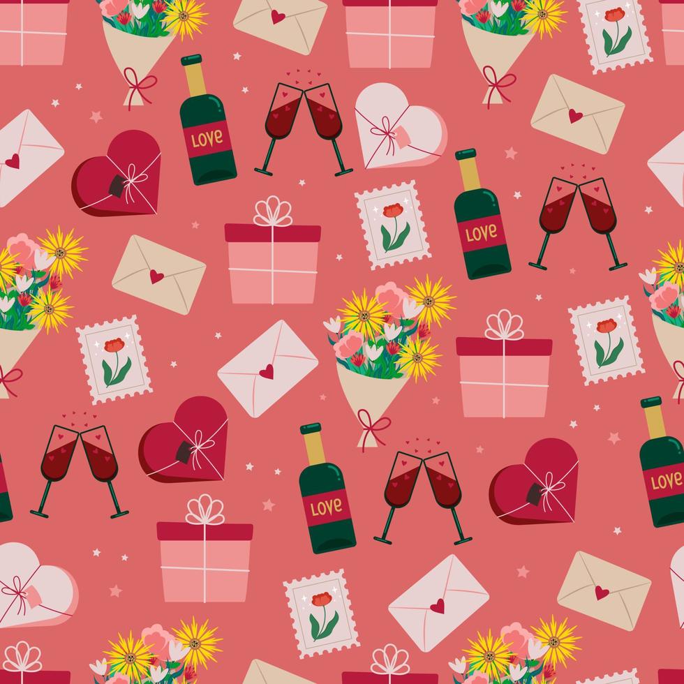 Romantic seamless pattern with envelopes flowers gifts Valentine's Day. Vector background with pink hearts, glasses and a bottle of red wine