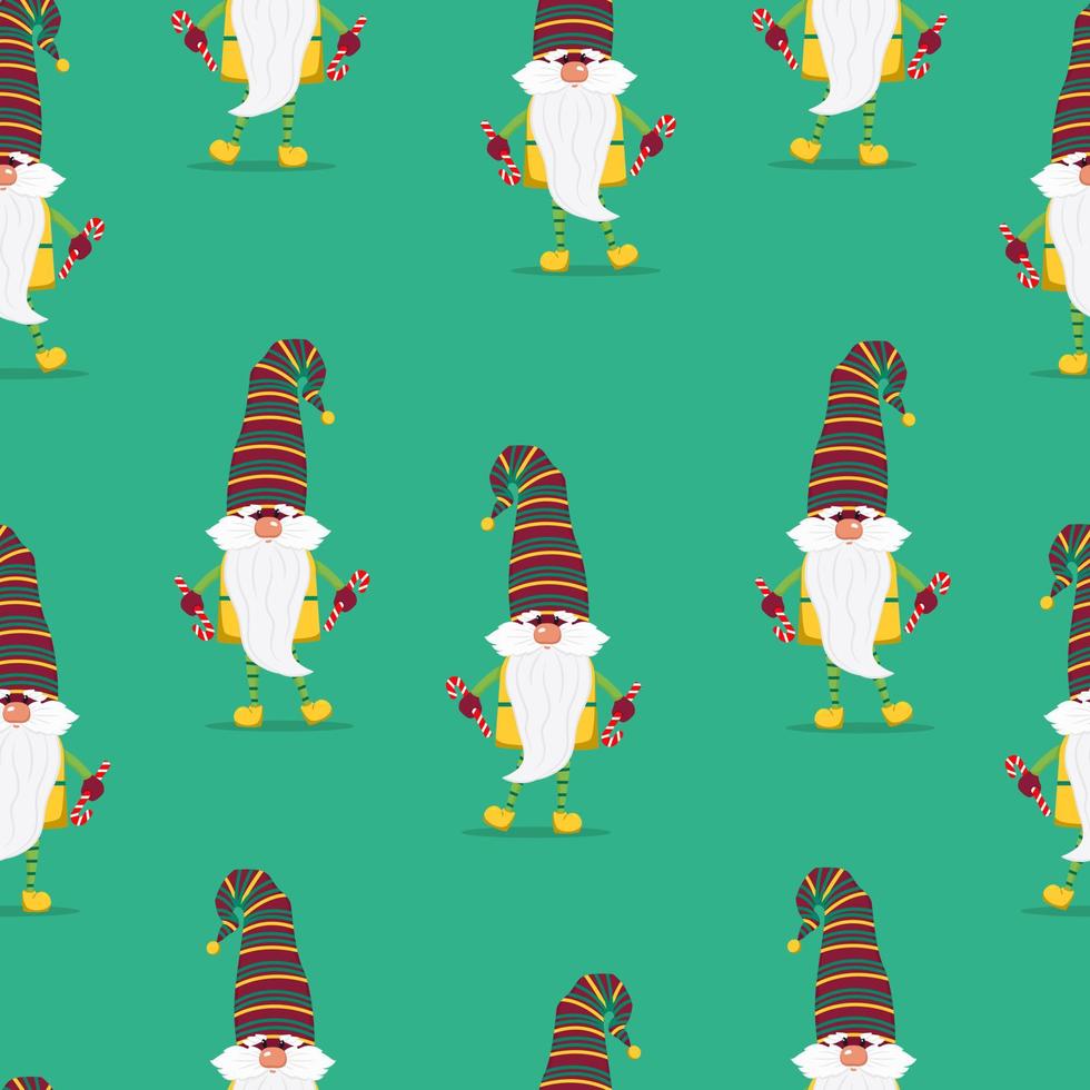 Funny gnomes with gifts seamless pattern. Cheerful gnomes in hats vector characters flat style