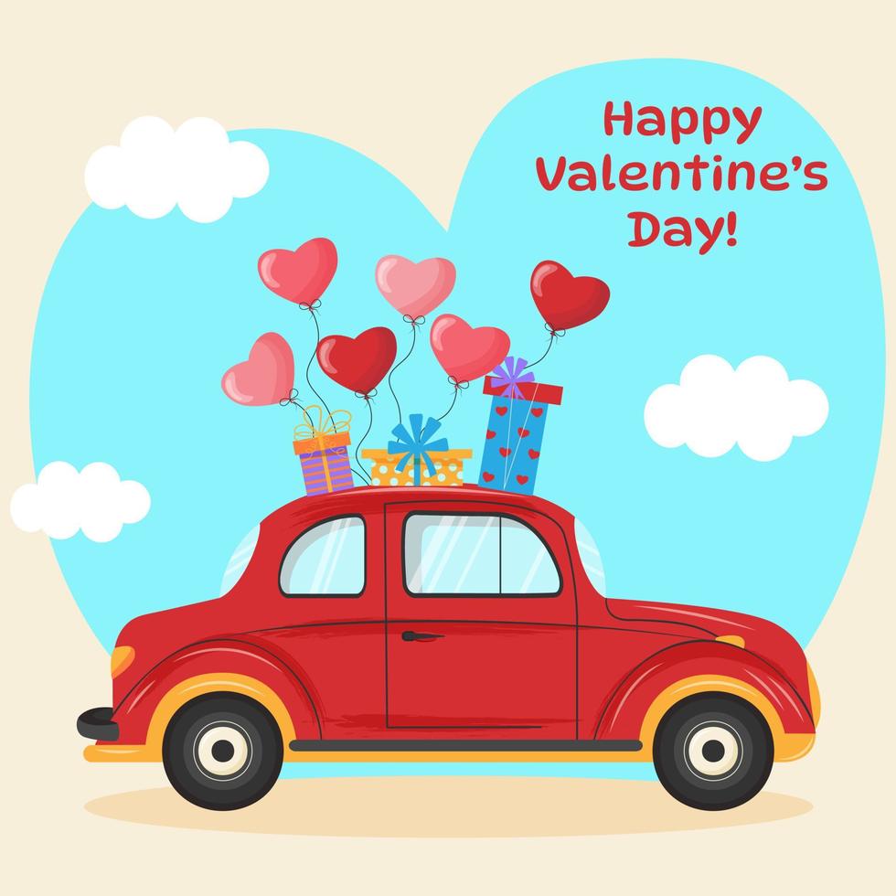 Retro red car with heart balloons and gift boxes. Blue sky and clouds. Happy Valentines day card. vector