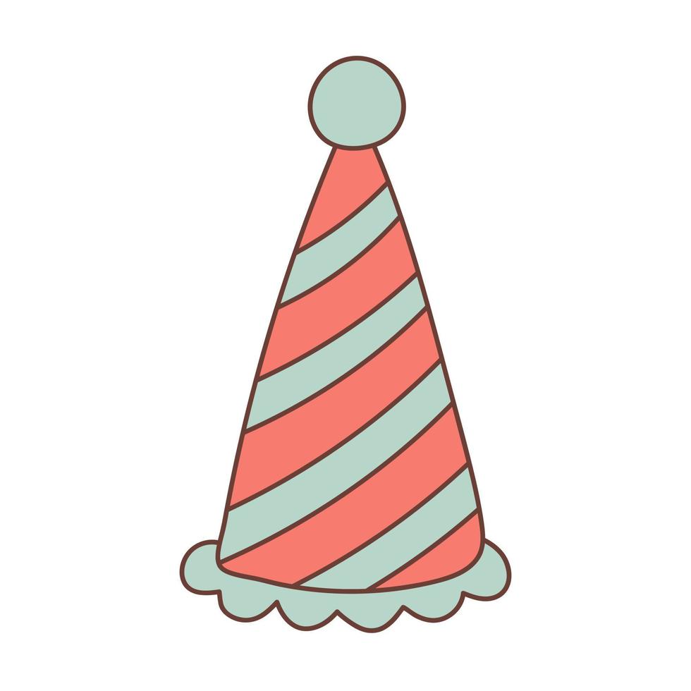 Party hat in doodle style. Conical birthday striped hat with bubo. vector