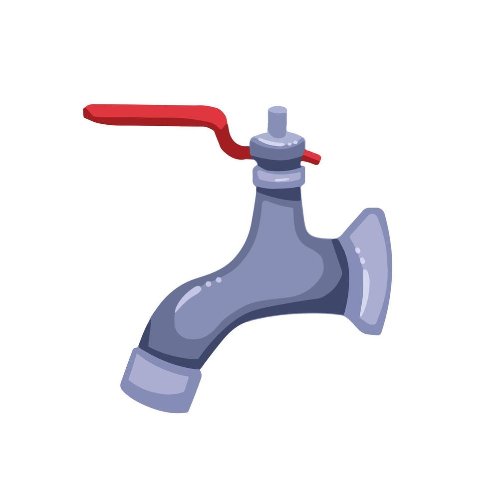Colored stainless steel tap faucet with red handle vector illustration isolated on white background. Cartoon home tool equipment drawing with cartoon simple art style.
